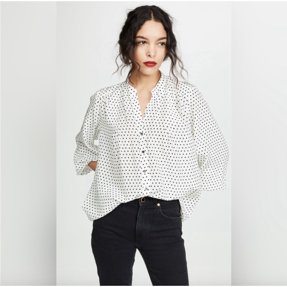 AYR Por Favor Bonita 100% Silk Polka Dot Button Up Blouse Black White Medium